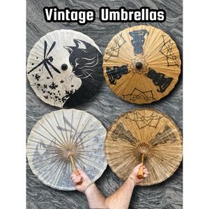 2 Vintage Wood umbrella with Black Cat designs- No rips / Tears